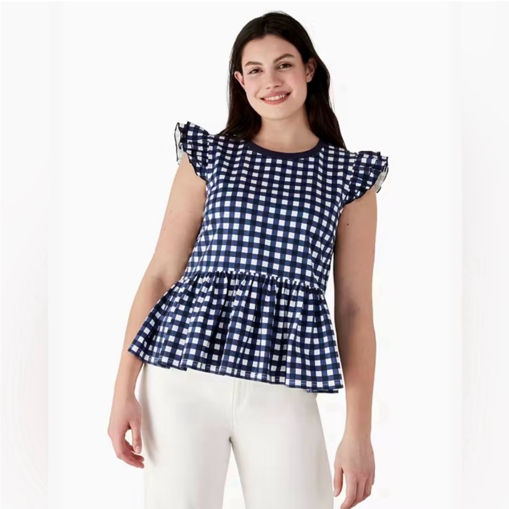 Kate Spade Blue Gingham Ruffle Sleeve Peplum Top Size M